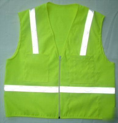 6 safety vests, solid fabric, pockets, zipper front.