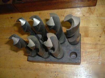 Moore jig borer large drill set w wood block, (7) piece