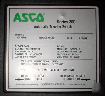 Asco automatic transfer switch 104 amp 300SERIES