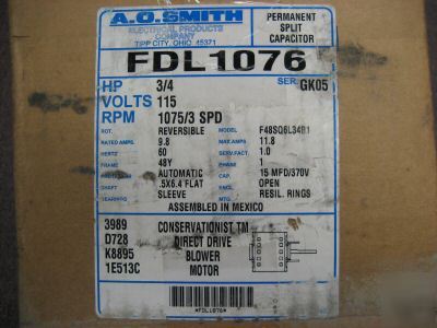 New ao smith FDL1076 direct drive blower motor 3/4 h.p. 