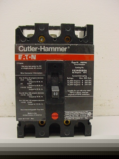 Cutler-hammer circuit breaker 3 pole 80 amp 480 volt ac