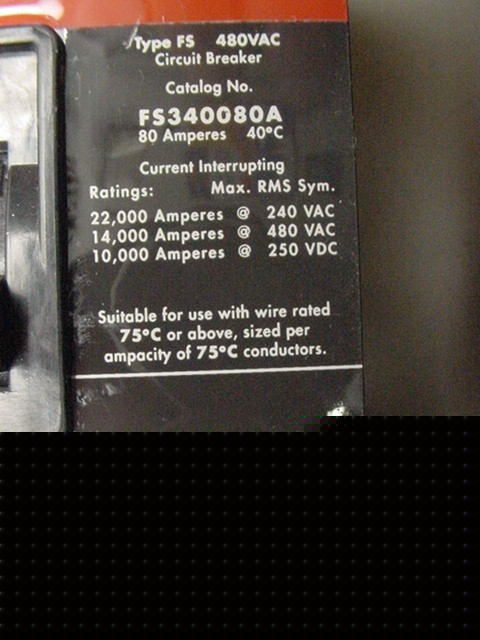 Cutler-hammer circuit breaker 3 pole 80 amp 480 volt ac