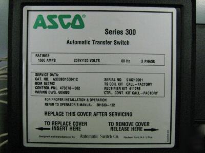 Asco 1600 amp 300 series transfer switch 208 y / 120 v