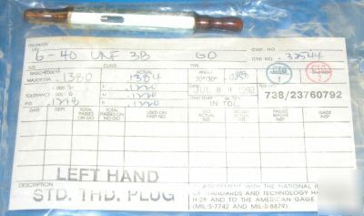 Standard thread plug gage go/nogo 6-40-unf-3B