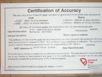 Vermont gage class zz plug gage set retail $575